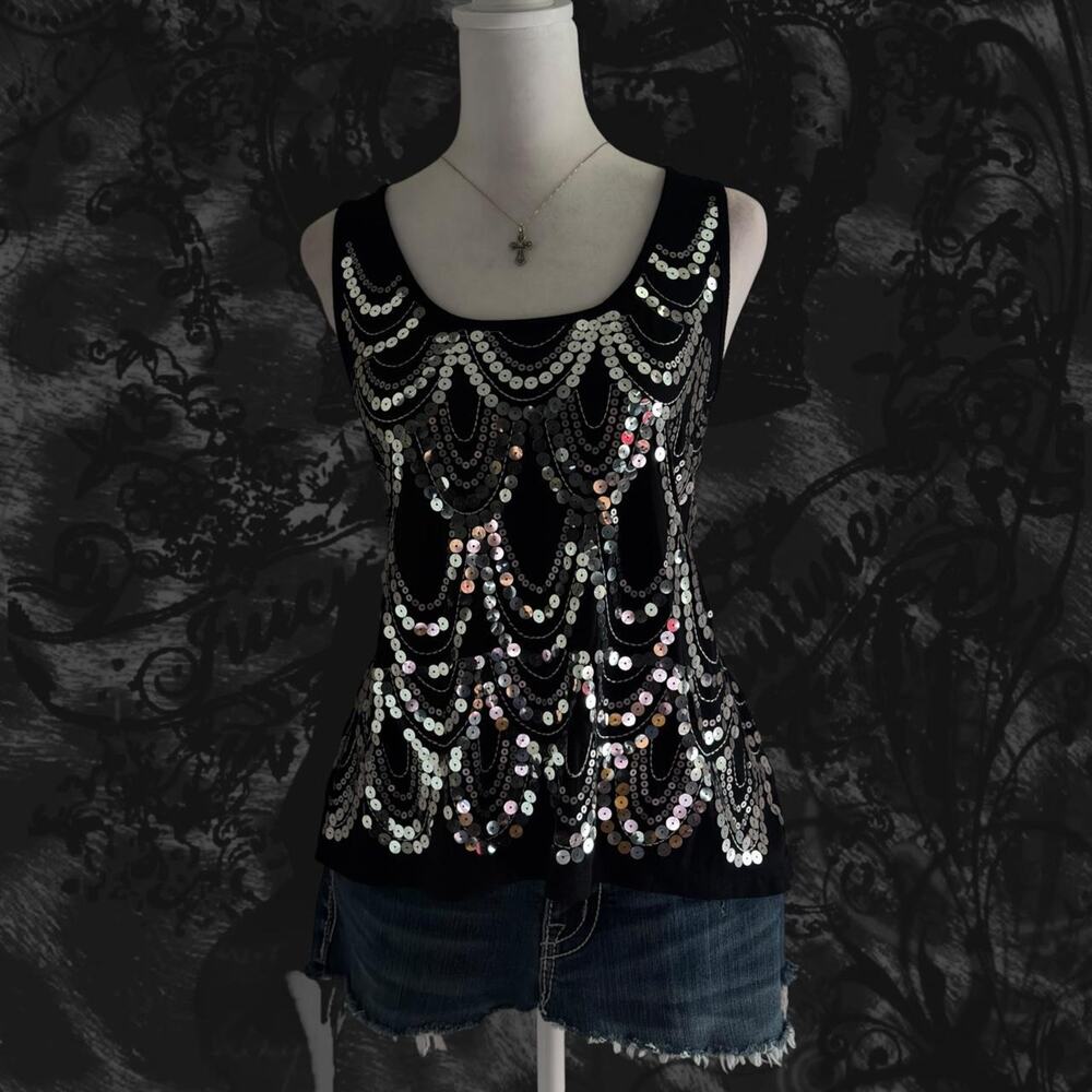 reflective sequins embellished black racerback glam pop tank top